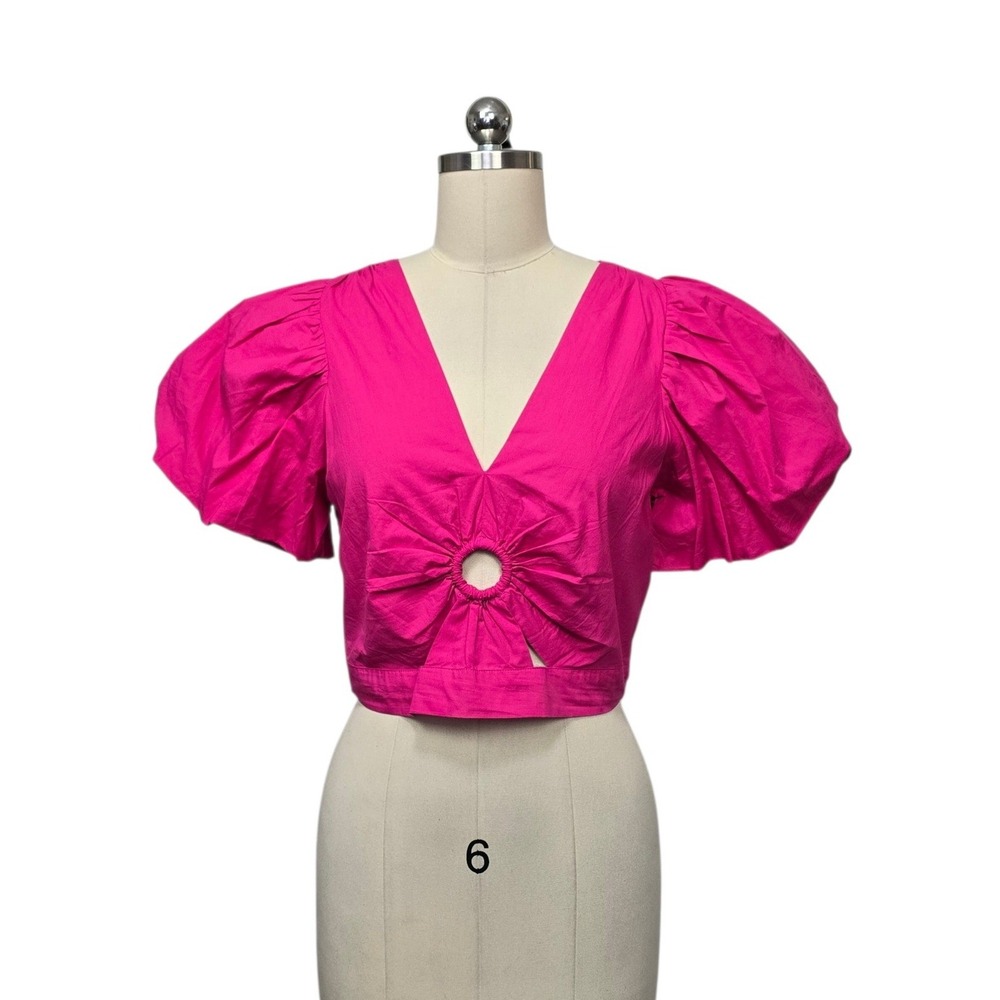 Cleobella Pink Organic Cotton Puff Sleeve Ring Detail Smocked Crop Top Small